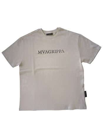 T-shirt surdimensionné de haute qualité en feutre épais 100 % coton avec logo texte Mvagrippa imprimé en caoutchouc. Couleur Tan 1