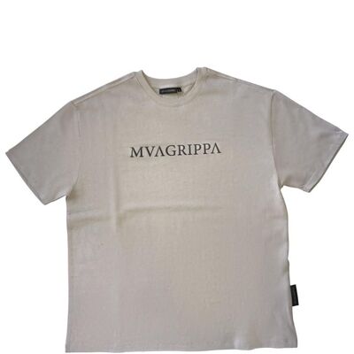 Hochwertiges Oversized-T-Shirt aus schwerem Filz aus 100 % Baumwolle mit gummiertem Mvagrippa-Textlogo. Farbe Tan