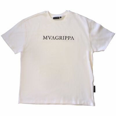 High quality oversized fit heavy felt 100% cotton T-Shirt with rubber print Mvagrippa text logo. Color Cream