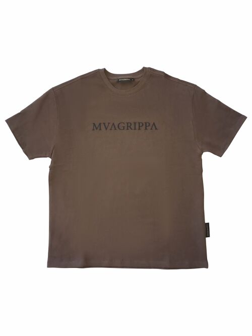 High quality oversized fit heavy felt 100% cotton T-Shirt with rubber print Mvagrippa text logo. Brown