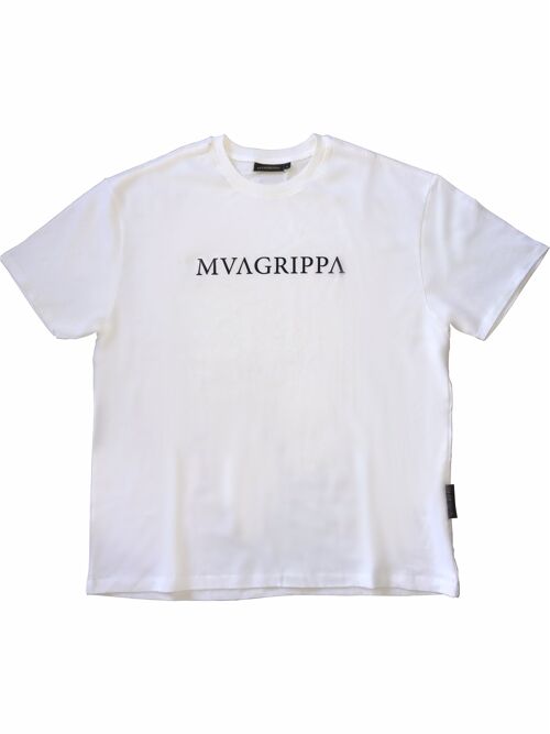 High quality oversized fit heavy felt 100% cotton T-Shirt with rubber print Mvagrippa text logo. White