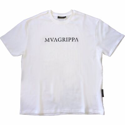 High quality oversized fit heavy felt 100% cotton T-Shirt with rubber print Mvagrippa text logo. White