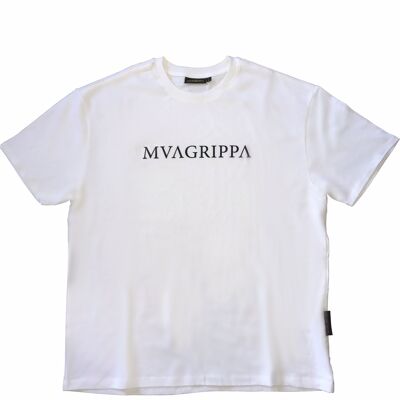 Hochwertiges Oversized-T-Shirt aus schwerem Filz aus 100 % Baumwolle mit gummiertem Mvagrippa-Textlogo. Weiß