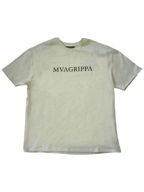 High quality oversized fit heavy felt 100% cotton T-Shirt with rubber print Mvagrippa text logo. Color Sage