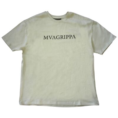 High quality oversized fit heavy felt 100% cotton T-Shirt with rubber print Mvagrippa text logo. Color Sage