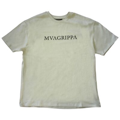 Hochwertiges Oversized-T-Shirt aus schwerem Filz aus 100 % Baumwolle mit gummiertem Mvagrippa-Textlogo. Farbe Salbei