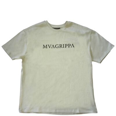 Hochwertiges Oversized-T-Shirt aus schwerem Filz aus 100 % Baumwolle mit gummiertem Mvagrippa-Textlogo. Farbe Salbei