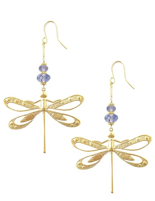 Gold dragonfly earrings with Tanzanite crystals
