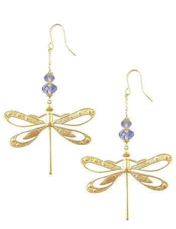 Boucles d'oreilles libellule en or avec cristaux de tanzanite 1