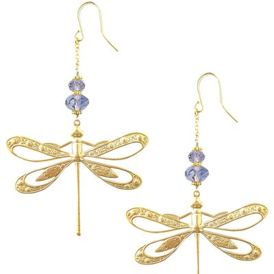 Gold dragonfly earrings with tanzanite crystals