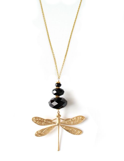 Long dragonfly necklace with black crystals