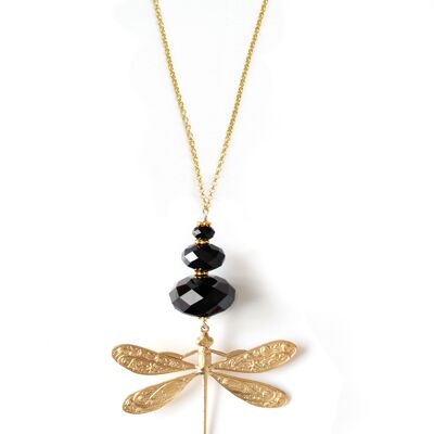 Long dragonfly necklace with black crystals