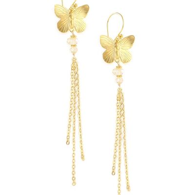 Long golden shadow crystal and butterfly earrings