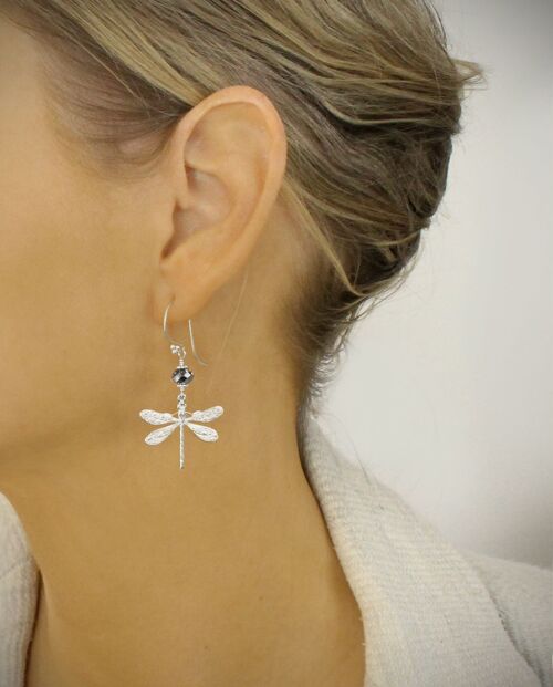 Silver dragonfly earrings with Black Diamond crystals