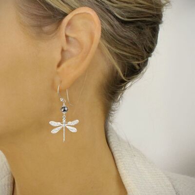 Silver dragonfly earrings with black diamond crystals