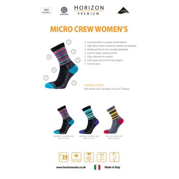 Chaussettes Horizon Premium Merino Micro Crew Femme : Gris Acier / Rayure Ambre 2