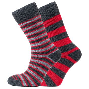 Horizon Heritage Merino Outdoor 2pk Sock: Stripes & Hoops - Rouge / Charbon 1