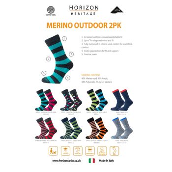 2 paires de chaussettes d'extérieur Horizon Heritage Merino : rayures et cerceaux - vert / bleu marine 2