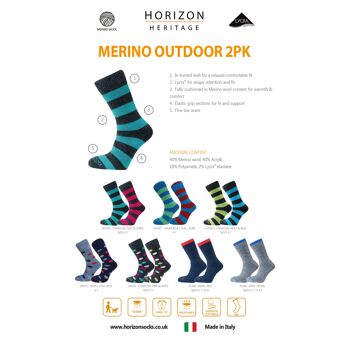 2 paires de chaussettes d'extérieur Horizon Heritage Merino : Créoles - Bleu azur sarcelle et rubis 3