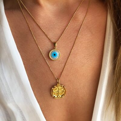 Evil Eye Necklace, Gold Christian Disc Necklace