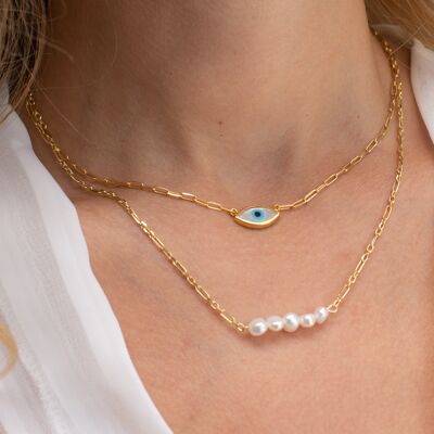 Gold Evil Eye Necklace, Tiny Pearls Necklace