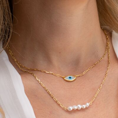 Gold Evil Eye Necklace, Tiny Pearls Necklace