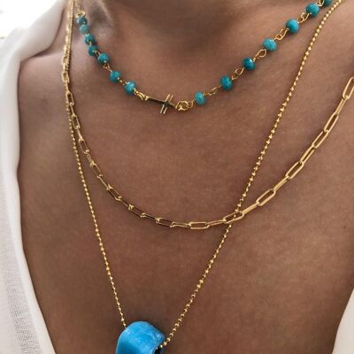 Turquoise Necklaces, Cross Necklace, Gold Chain, Blue Bead Necklace