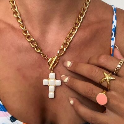 White Cross Necklace with Gold Chain