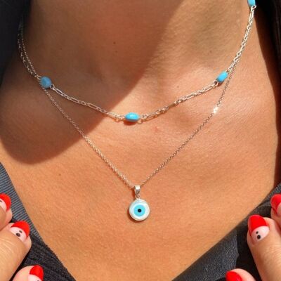 Silver Evil Eye Necklace n Turquoise Beads