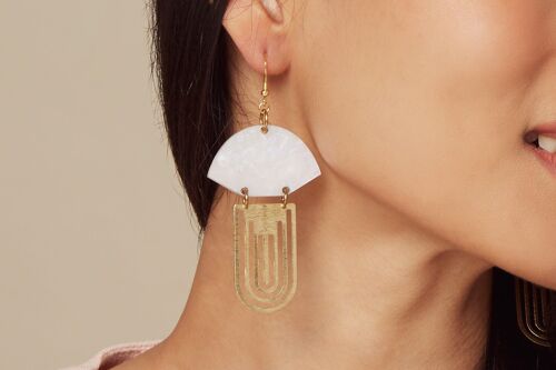 White Glittery Pearl Brass Art deco acrylic gold vermeil Fan Drop earrings | Geometric earrings | Dangle earrings | Gift for her | Fan x
