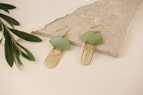 Jade Brass Art deco acrylic gold vermeil Fan Drop earrings | Geometric earrings | Dangle earrings | gift for her | fan | natural stone