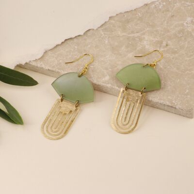 Pendientes de gota de abanico de oro vermeil acrílico Art déco de latón jade | Pendientes geométricos | Pendientes colgantes | regalo para ella | ventilador | piedra natural