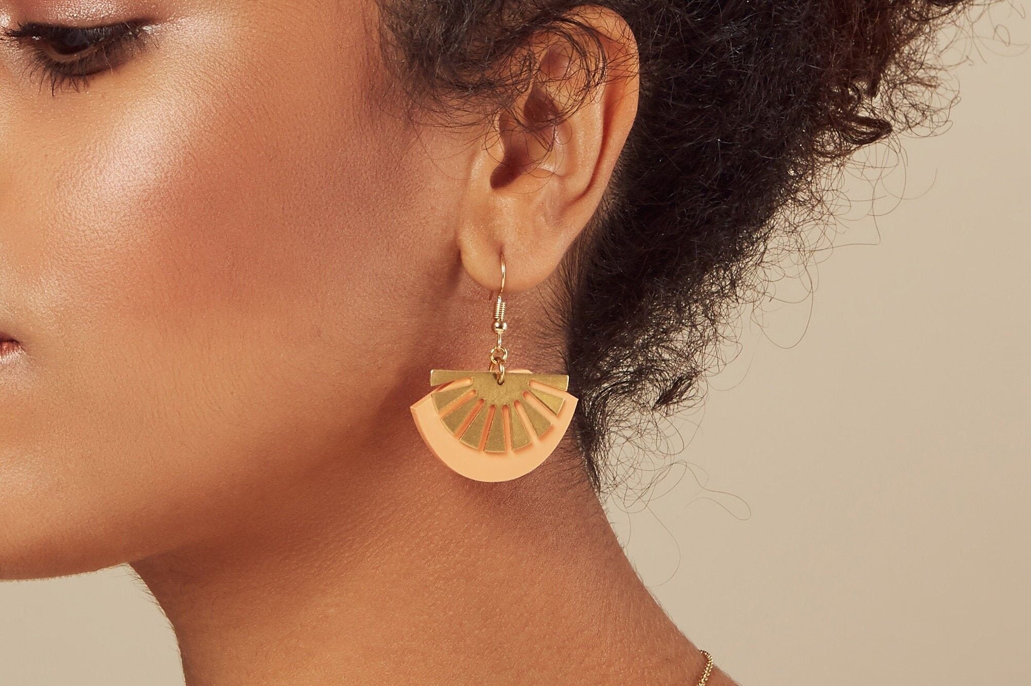 Peach Brass Art Deco Acrylic Gold Plated Fan Drop Earrings