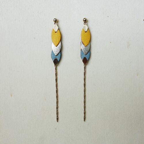 Boucles d'oreille plumes de cuir - Jaune et bleu gris