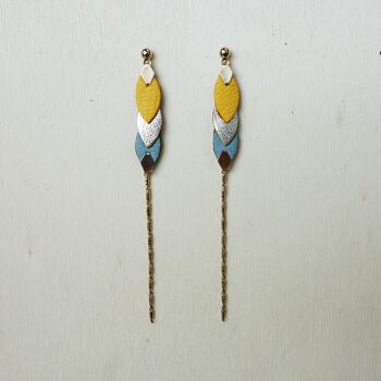 Boucles d'oreille plumes de cuir - Jaune et bleu gris 1