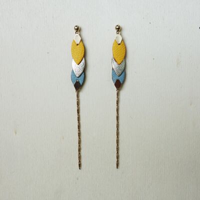 Leather feather earrings - Yellow and gray blue