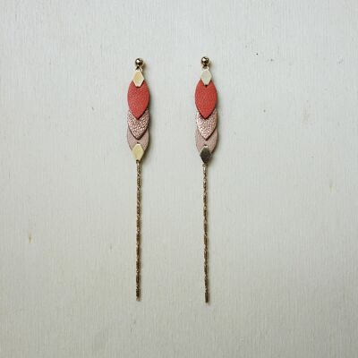 Leather feather earrings - Coral and nude