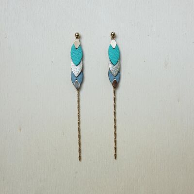 Leather feather earrings - Mint and gray blue
