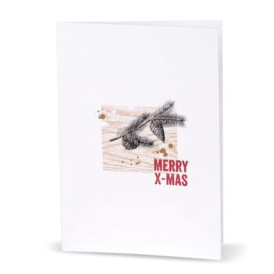 Weihnachtskarte mit Tannenbauzweig auf Holzmaserung "Merry X-Mas"