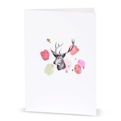 Carte de Noël et d'hiver avec un cerf "heureux" dans un look aquarelle