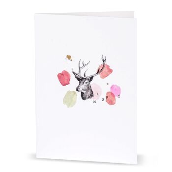 Carte de Noël et d'hiver avec un cerf "heureux" dans un look aquarelle 1