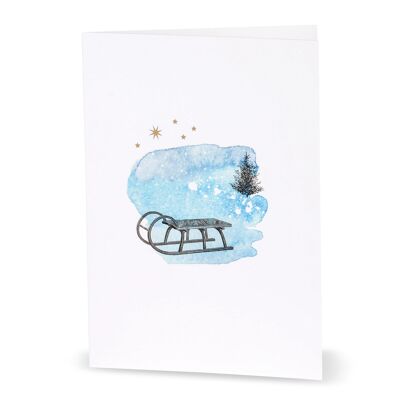 Weihnachts- und Winterkarte mit Schlitten in Aquarelloptik