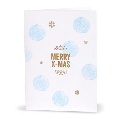 Tarjeta navideña "Merry X-Mas" con delicados puntos azules