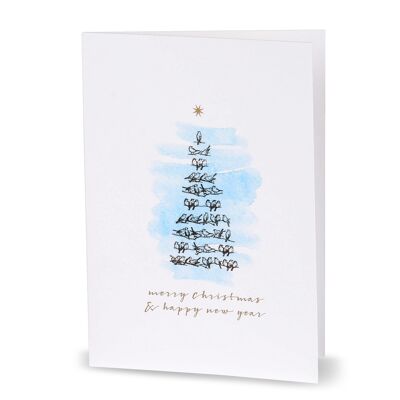 Biglietto di Natale e Capodanno "Buon Natale e felice anno nuovo" - albero di Natale con uccellini