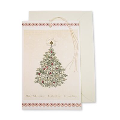 Cartolina di Natale / tag con albero di Natale nostalgico "Merry Christmas, Frohes Fest, Joyeux Noel"