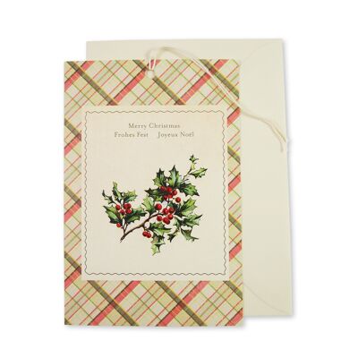 Cartolina di Natale / tag "Buon Natale, Frohes Fest, Joyeux Noel" con ramo di Ilex