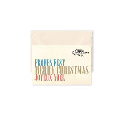 Carta regalo dal design tipografico "Frohes Fest, Merry Christmas, Joyeux Noel" con angelo