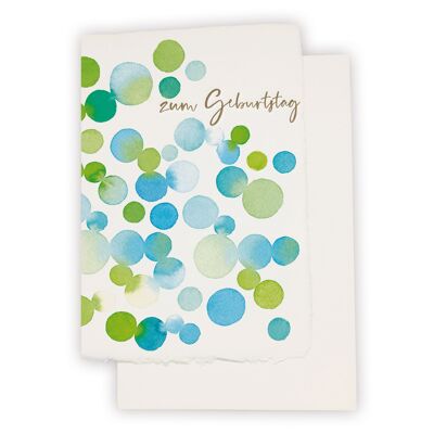 Carte papier à la main "Pour l'anniversaire" avec des points en aspect aquarelle