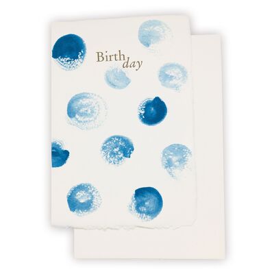 Biglietto in carta fatto a mano "Compleanno" con puntini blu. Adatto come carta aziendale o maschile.