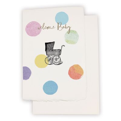Handmade paper card "Welcome Baby" with vintage buggy